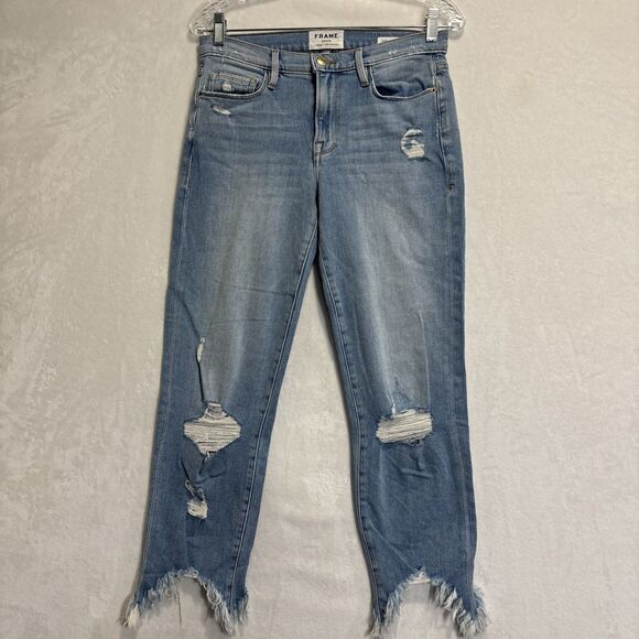 FRAME Jeans Size 27 Le Nouveau Straight Stiletto Hem Jeans Denim Distressed - Picture 1 of 16